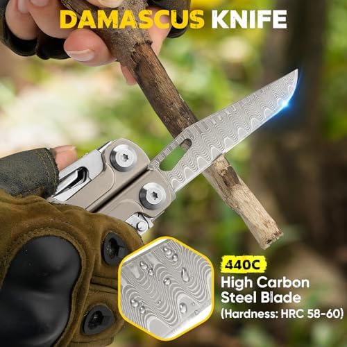 BIBURY Titanium Alloy Multitool with Damascus Knife & Scissors, BI2049TI