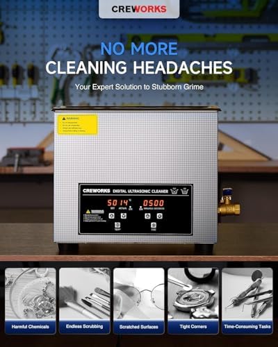 CREWORKS 10L Digital Ultrasonic Cleaning Machine with Heater & Timer, 240W Stainless Steel Ultrasonic Washing Machine, 2.6 gal Sonic Parts Cleaning Machine for Jewelry Glasses Auto Tool Machine Part