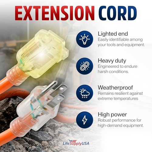 25ft Outdoor/Indoor Extension Cord 14/3 Gauge Heavy Duty 3 Prong SJTW (5-15P/5-15R), Waterproof, Flexible Cold-Resistant Long Power Cord,15A 125V 1875W, Orange by LifeSupplyUSA