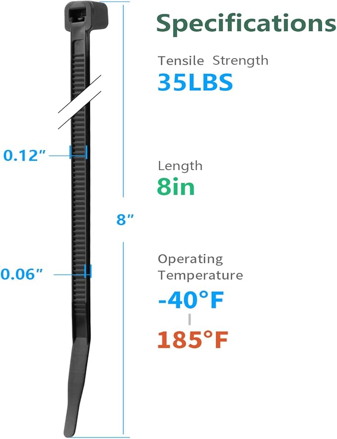 8 Inch Black Zip Ties 1200 Pack, 35 LBS Tensile Strength, Self-Locking Nylon UV Resistant Cable Ties for Indoor and Outdoor