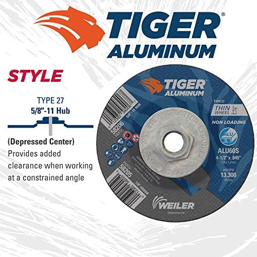 Weiler 58206 4-1/2 Inch Cutting Wheel, Tiger Aluminum Non-Loading Contaminant-Free High Performance Cutting, .045" ALU60S Type 27 5/8"-11 Hub, Pack of 10