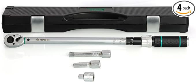 4-Piece Torque Wrench Set – 1/2" Drive Click Torque Wrench (25–250 ft-lb), 3/8" Adapter, 3" & 5" Extension Bars, ±3% Accuracy, Chrome Vanadium Steel, Includes Storage Case