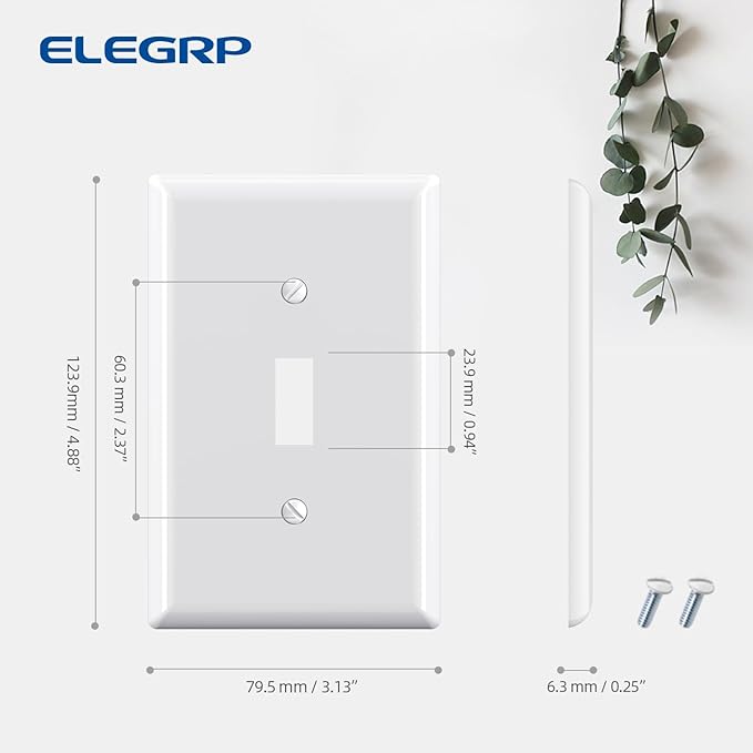 ELEGRP 1-Gang Mid Size Toggle Switch Covers, Light Switch Wall Plate, Unbreakable Polycarbonate Replacement Faceplates Covers, UL Listed, Color-matched Screws Included (2 Pack, Glossy White)