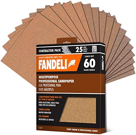 Fandeli Sandpaper Sheets - Multipurpose Professional 60 Grit Sand Paper (25 Sheet Pack) - Sandpaper for Wood, Metal, Varnish & Paint - Coarse Sanding Paper for All Types of Surfaces