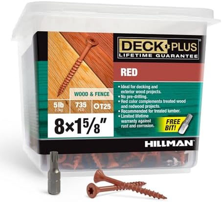 Deck Plus 1-5/8 Inch Epoxy Coated Exterior Wood and Fence Screws #8 x 1-5/8" Torx/Star Drive Included Coarse Thread, Outdoor Rust Resistant Decking Screw, Red, 5lb Box, 186 Pieces | 48426