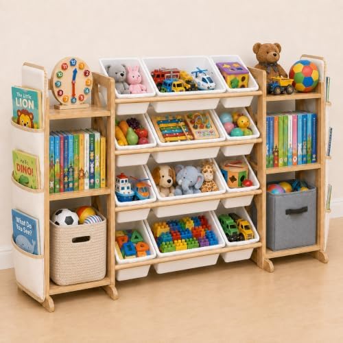 Toy Storage Organizer for Kids, 12 Bins, 2 Bookshelves & 2 Book Pockets
