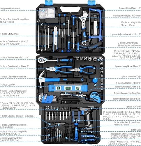Tool Set: Tool Kit with 12V Cordless Drill, Hand Toolbox with storage case, Mechanic Tool set for Home Repairs, Blue