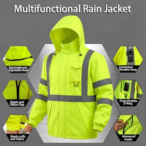 Hi Vis Class 3 Safety Rain Jacket for Men Waterproof, Reflective High Visibility Rain Gear Construction Rain Suit (Yellow S/M)