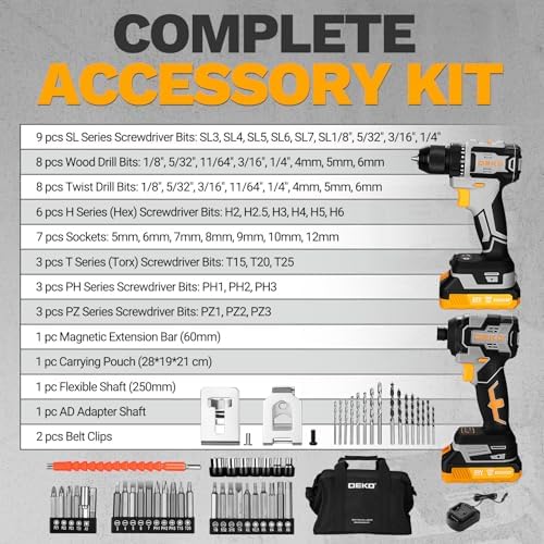 Cordless Drill & Impact Driver: DEKOPRO 20V Brushless Power Drill and 20V Brushless Impact Driver Set, Power Tool Set with 2x2.0Ah Batteries, Charger, Bag & 52xAccessories-Yellow