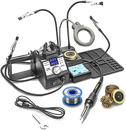 X-Tronic 3060-PRO - 75 Watt Soldering Iron Station with Mini Mag Lamp & 4 Helping Hands - 2 Digital LED Displays, 3 Temp Presets, Sleep Func, C/F Func, Brass Sponge w/Flux & Wet Sponge