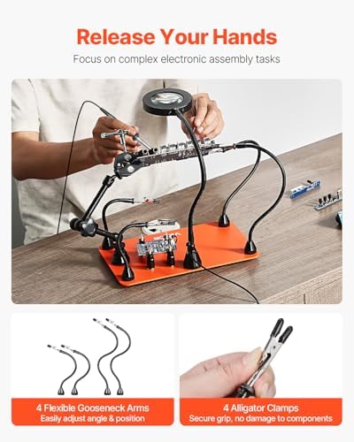 VEVOR Magnetic Helping Hands Soldering Station, Third Hand Soldering Tool with Gooseneck LED Magnifying Lamp, 4 PCB Holders & 360 Hot Air Gun Holder for Electronic Repair Craft Hobby