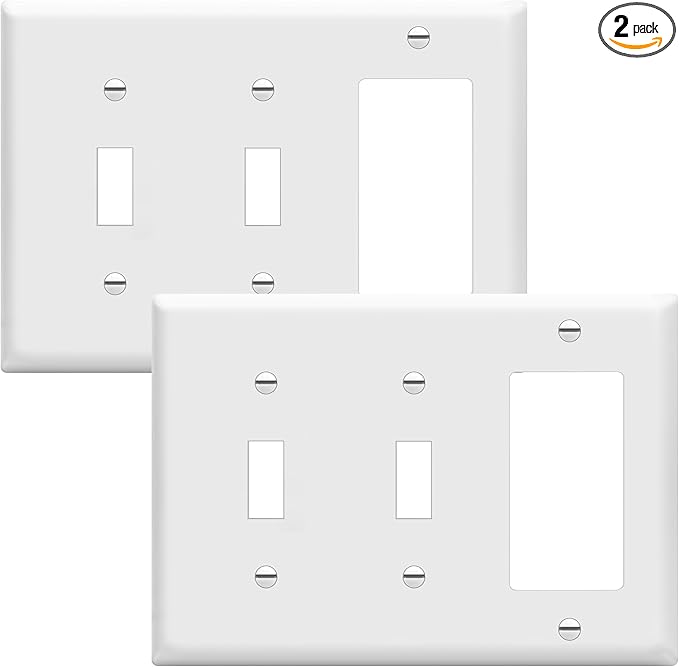 ENERLITES Combination Double Toggle/Single Decorator Rocker Outlet Wall Plate, Standard Size 3-Gang Light Switch Cover(4.5" x 6.38"), Polycarbonate Thermoplastic, UL Listed,881231-W-2PCS, White