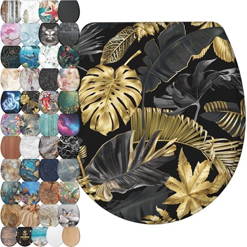 Sanilo Wooden Toilet Seat with Quick Release & Soft Close [ROUND] - Decorative & Slow Close Molded Wood Seat - With One Click for Easy Installation & Cleaning - With Adjustable Fit (Golden Leaves)