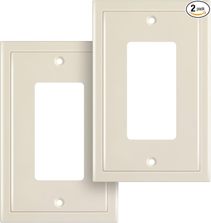 Henne Bery Modern Edge Decorative Wall Plate Switch Plate Outlet Cover, Durable Solid Zinc Alloy (Single Decorator 2PK, Light Almond)