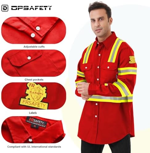FR Shirts for Men 7oz High Visibility Fire Resistant Shirts CAT2 Welding Shirt 100% Cotton Hi Vis Flame Resistant Shirt Red(Large)