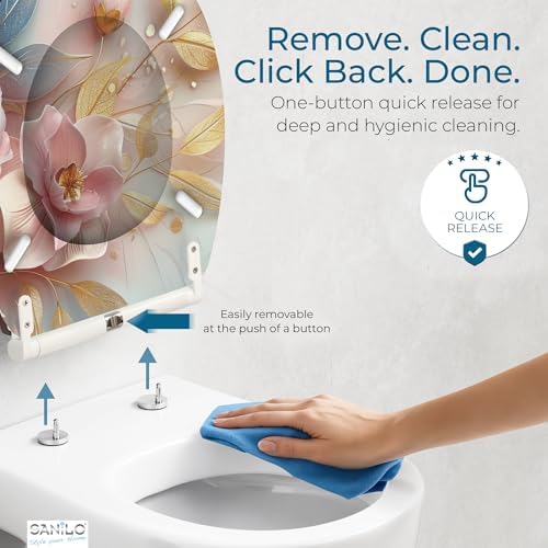 Sanilo Wooden Toilet Seat with Quick Release & Soft Close [ROUND] - Decorative & Slow Close Molded Wood Seat - With One Click for Easy Installation & Cleaning - With Adjustable Fit (Florentia)