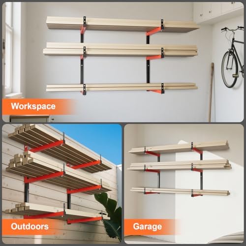 27" Lengthened Lumber Storage Rack, 6-Hole Adjustable Wall Mount Wood Organizer Storage Metal Shelves for Garage (4 Pack)