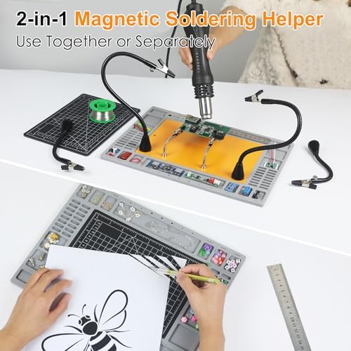 NOEVSBIG Magnetic Helping Hands Soldering Station with Large Base, Heat-Resistant Mat, 6 Flexible Arms, Cutting Mat & Ruler – Versatile Helping Hands Tool for DIY, Electronics Repair, and Crafting