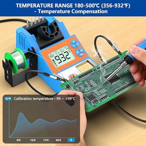 Soldering Station, 140W Digital Display Soldering Iron Station Kit with 2 Helping Hands, 356°F-932°F, Auto Sleep, °C/°F Conversion, Solder Wire, 5 Tips, Solder Sucker, Tweezers, Tip Cleaner, Blue