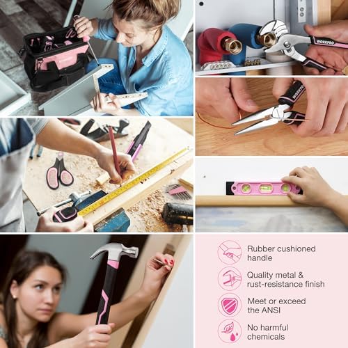 WORKPRO 20V Cordless Pink Drill Set for Women, Pink Tool Set with Bag