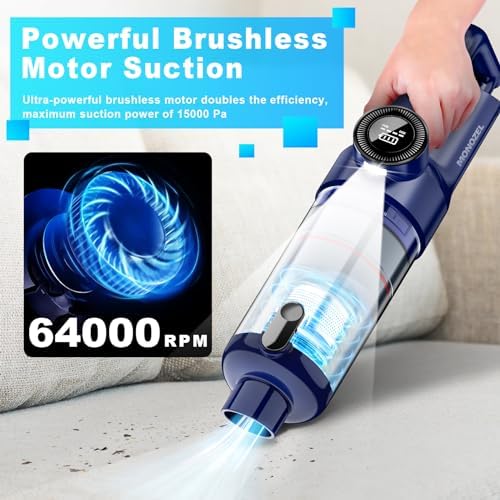 MONOZEL Handheld Vacuum Cordless - Car Vacuum Cleaner with Brushless Motor, 15kPa Powerful Suction Vacuum with LED Light, Type C Port, 2 Fliters, Portable Hand Vacuum for Home, Pet and Car