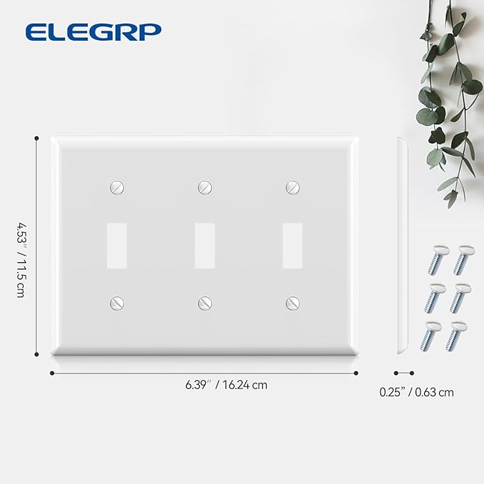 ELEGRP 3-Gang Toggle Switch Wall Plates, Standard Size 4.53" H x 6.39" L Thermoplastic Faceplate Cover for Toggle Dimmer Light Switches, UL Listed (1 Pack, Glossy White)