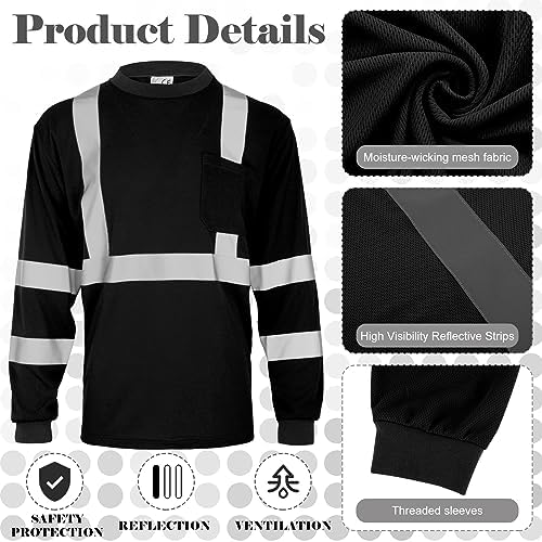 Amylove 4 Pcs Long Sleeve High Visibility Safety Shirts,XXL,Black