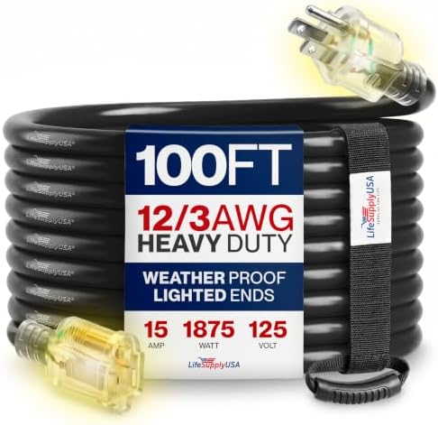 100ft Outdoor/Indoor Extension Cord 12/3 Gauge Extra Heavy Duty 3 Prong SJTW, Waterproof, Flexible Cold-Resistant Long Power Cord,15A 125V 1875W, Black by LifeSupplyUSA