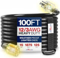 100ft Outdoor/Indoor Extension Cord 12/3 Gauge Extra Heavy Duty 3 Prong SJTW, Waterproof, Flexible Cold-Resistant Long Power Cord,15A 125V 1875W, Black by LifeSupplyUSA
