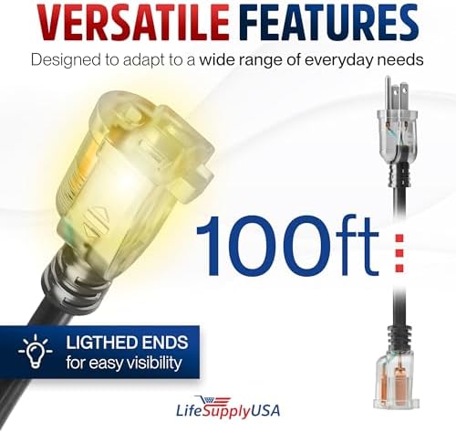100ft Outdoor/Indoor Extension Cord 10/3 Gauge Ultra Heavy Duty 3 Prong SJTW, Waterproof, Flexible Cold-Resistant Long Power Cord,15A 125V 1875W, Black by LifeSupplyUSA