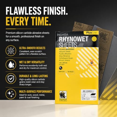 Indasa 50 PCS 5.5x9” Wet & Dry Rhynowet Sandpaper 2000 GRIT Half Sheets – Silicon Carbide Abrasive for Auto, Wood, Metal, Paint & Coat Finishing – Sand Paper, Plusline, Abrasive Sandpaper, Plusline