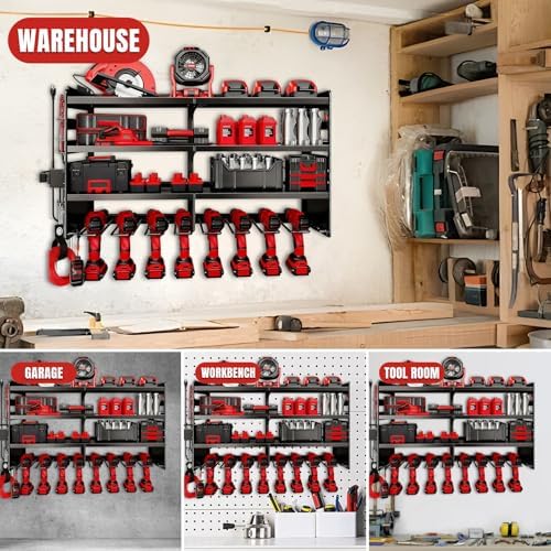 33" W Power Tool Organizer with Charging Station, 4 Layers Heavy Duty Metal Tool Storage Rack Wall Mount 8 Cordless Drill Holder with 4 Power Strip, Battery Organizer for Garage, Workbench,Tool Room