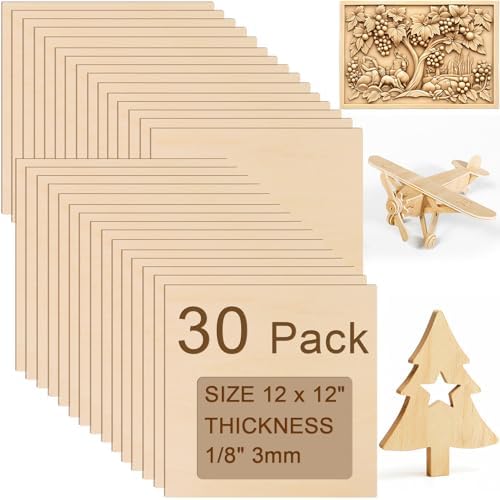 30PCS Basswood Sheets 12 x 12 x 1/8in, 3mm Basswood for Laser Cutting, Unfinished Plywood for Laser Engraving Wood Burning Models Painting DIY Crafts