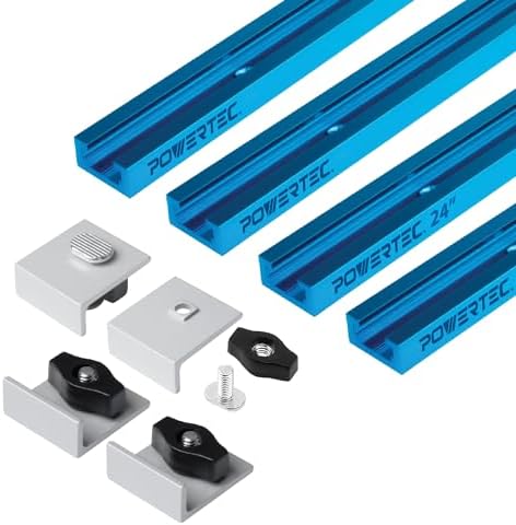 POWERTEC 72159 24 Inch Double-Cut Profile Universal T-Track with Bi-Directional Short Stop Kit, 4pcs 24" T Tracks and 4pcs Stop Blocks for Woodworking Jigs and Fixtures, Sanding, and Routing