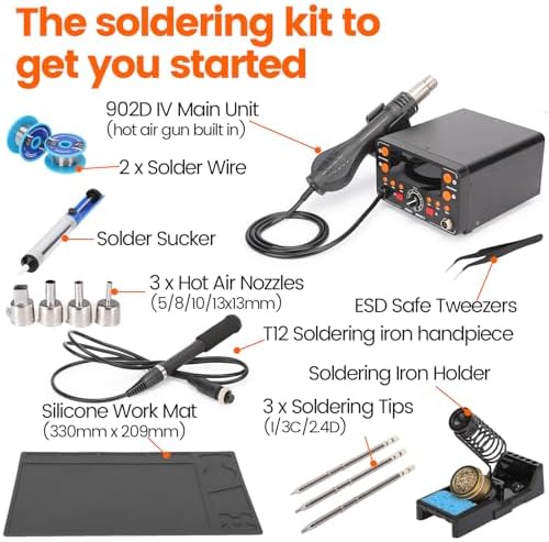 902D IV T12 Hot Air Soldering Station 2-IN-1 Kit with Extra Large Display, Small Silicone Work Mat, 2 Soldering Tips, 2 Lead-free Solder, Solder Sucker, ESD-Safe Tweezers