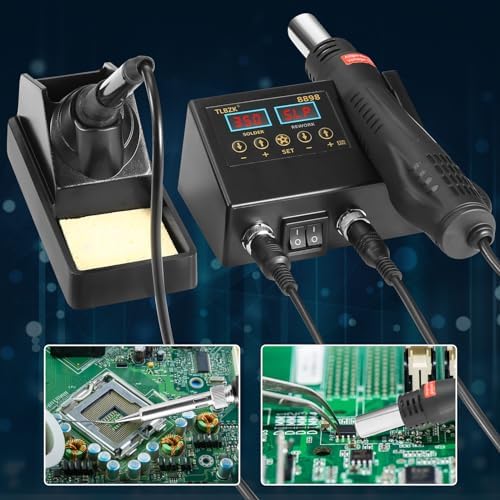 Rework Soldering Station, 2 in 1 SMD Hot Air Solder Station and Soldering Iron Kit Heat Gun with Soldering Tips, Hot Air Nozzles, Tweezers