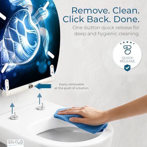 Sanilo Wooden Toilet Seat with Quick Release & Soft Close [ROUND] - Decorative & Slow Close Molded Wood Seat - With One Click for Easy Installation & Cleaning - With Adjustable Fit (Glow Turtle)