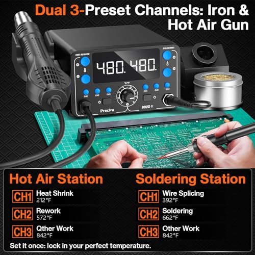 Preciva 902D V Soldering Station 2-in-1 SMD Hot Air Rework Station with LED, Memory Presets, Sleep, Calibration, °C/ºF | Includes Soldering Iron, Hot Air Gun, 5 Tips, 4 Nozzles, Holder, Solder Wire