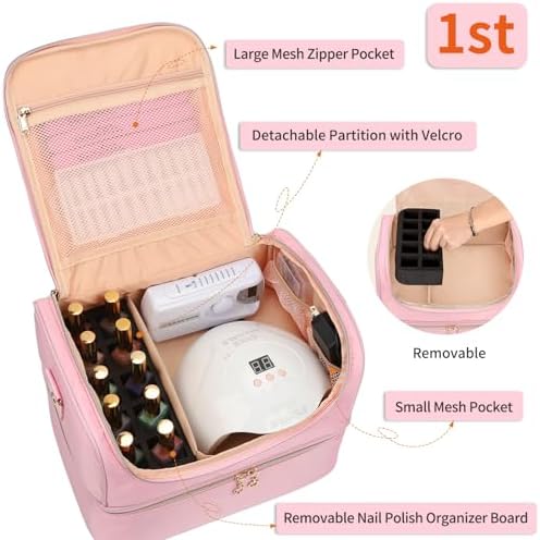 CUBETASTIC Nail Polish Organizer Case, Nail Supplies Storage Box Holds Nail Polish Bottles & Nail Lamp, Travel Nail Tech Carrying Case, Nail Kit Bag For Nail Stuff & Manicure Tools (Pink, 45 Slots)