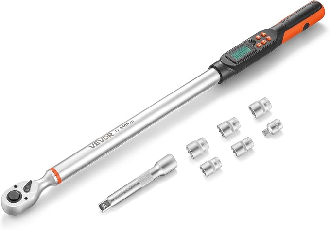 VEVOR Torque Wrench Set 1/2" Drive Digital Torque Wrench 4 Display Units, ±2% Accuracy, LCD Screen, with Buzzer and LED Indicator, with Sockets, Extension Bar, Adapter, for Automotive Repair