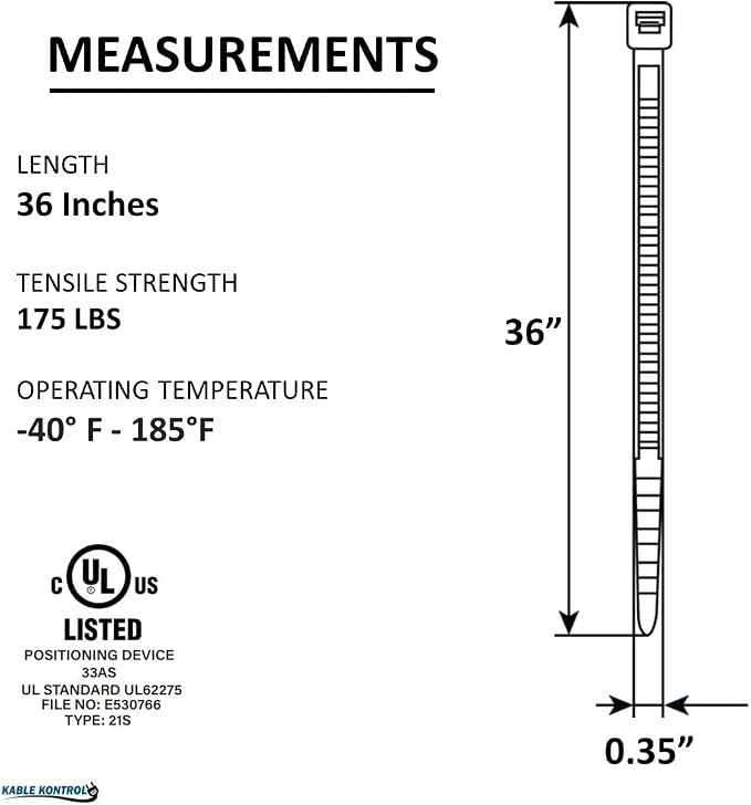Kable Kontrol Cable Zip Ties, 36 Inch 500 Pcs HD 175lbs Test, Natural White | Nylon Plastic, Self Locking, UL Listed, Indoor Use