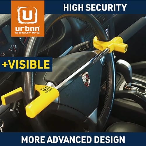 Urban UR959Y High Security Steering Wheel Lock, Most Visible Yellow Steel Double Hook, Automatic Locking, Protective Pads Optional Safety Hammer, Universal Car Anti-Theft Device for Auto SUV Van Truck