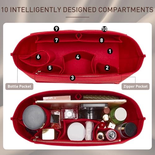 Doxo Purse Organizer Insert for Handbags & Base Shaper 2pc Set, Felt Neverfull PM Organizer Insert, Tote Bag Organizer with Zipper Pocket and Bottle Holder, Fit Neverfull PM and More, Red-M