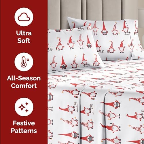 Christmas Sheet Set, Holiday Gnomes Red, Holiday Xmas Bedding Set - Full