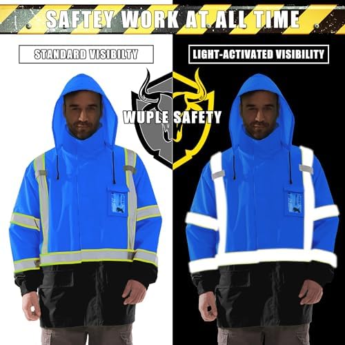 Hi Vis Safety Rain Jacket for Men Women Waterproof Breathable Rain Gears with Mesh Lining Black Bottom Lightweight Work Jacket Blue L/XL