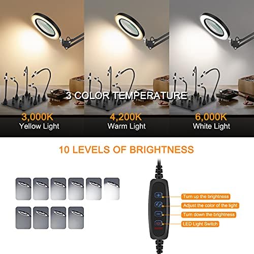 Helping hands Soldering with Magnifying Desk Lamp, PCB Circuit Board Holder, 3 Color Modes, 5-Diopter Real Glass Lens, Adjustable Swivel Arm & Heavy Duty Base Plate for Soldering