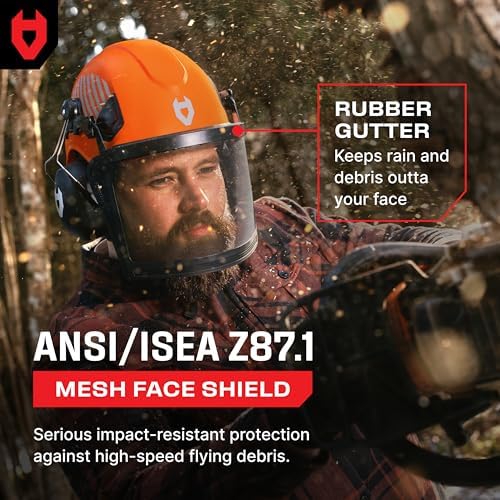 NoCry ANSI Z89.1 Rated Arborist Helmet — Chainsaw Helmet with Face Shield and Ear Muffs — Adjustable Hard Hat with Adaptive Ventilation; Impact-Resistant Mesh Face Shield for Forestry with Side Guards