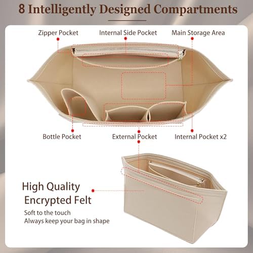 Doxo Purse Organizer Insert for Longchamp Le Pliage Tote, Large Bag Organizer with YKK Zipper Pocket & Cup Holder, Handbag Shaper for Women, Fits Original/Green/Energy L Tote, Beige-WL
