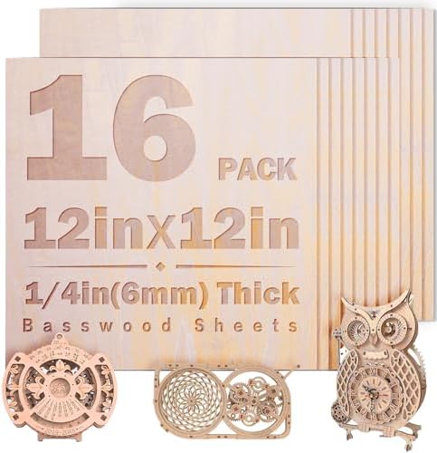 16 Pack Basswood Sheets 1/4 inch,12x12x1/4Iinch Plywood Sheets,6mm Basswood for Laser Cutting,Laser Engraving Blanks,Thin Natural Unfinished Wood for Crafts,Wood Burning (16pack-12x12 1/4(6mm) Thick)