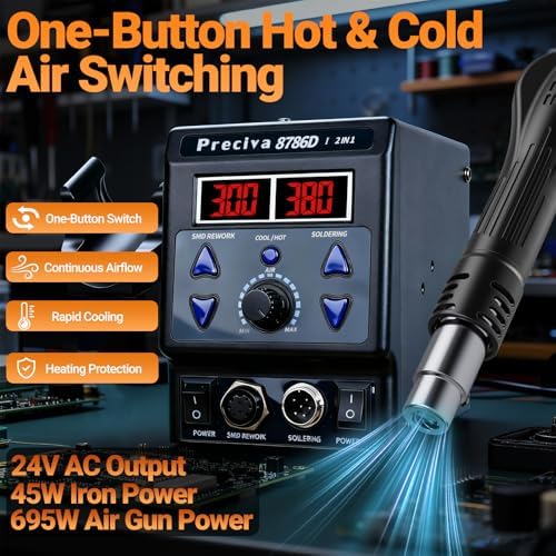 Preciva 8786D 2-IN-1 Hot Air Soldering Iron Station Kit with °F /°C, Cool/Hot Air Conversion,Soldering Station with Dual LED Display, 5 Tips & 4 Nozzles for Electronics Repair,Desoldering